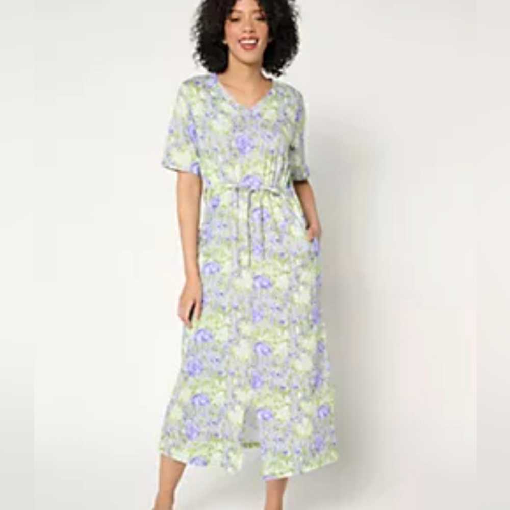 Stan Herman Dress 2X Purple Green Floral Heirloom Cotton Jersey QVC CottageCore